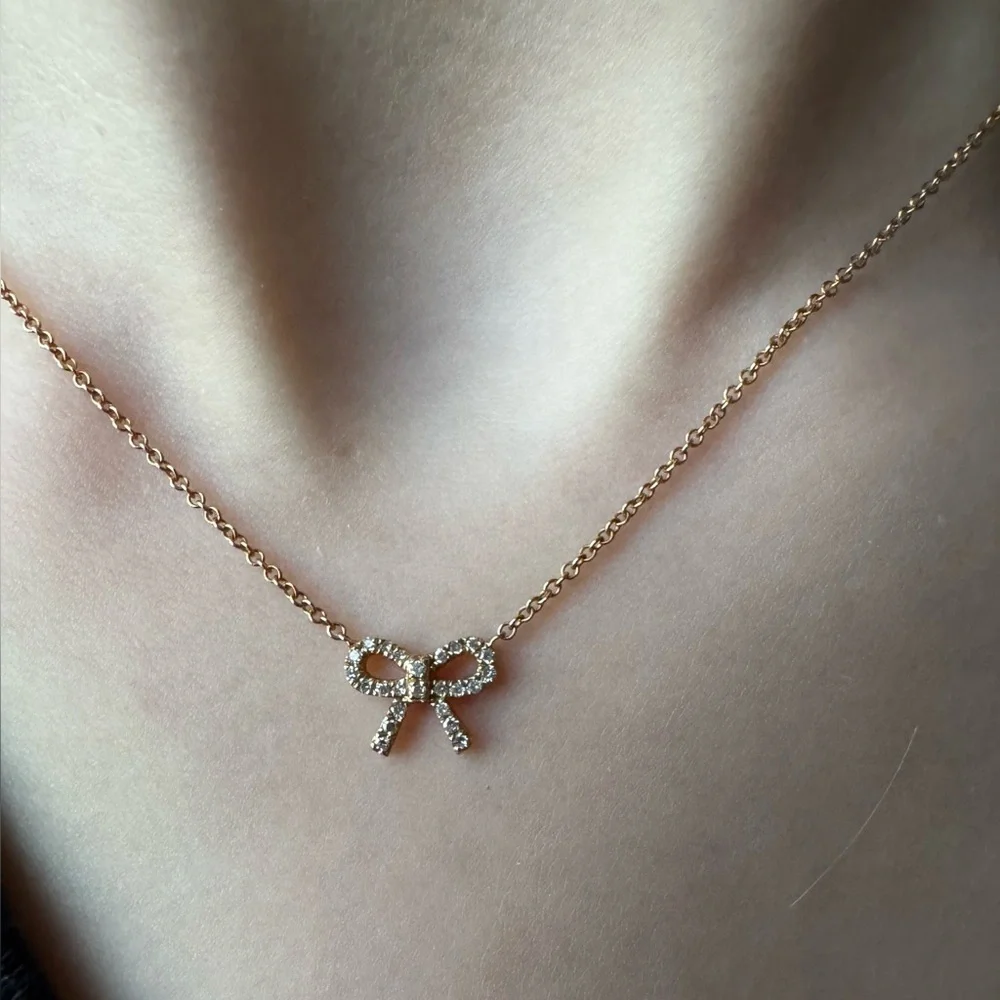 14k Yellow Gold and Diamond Bow Necklace